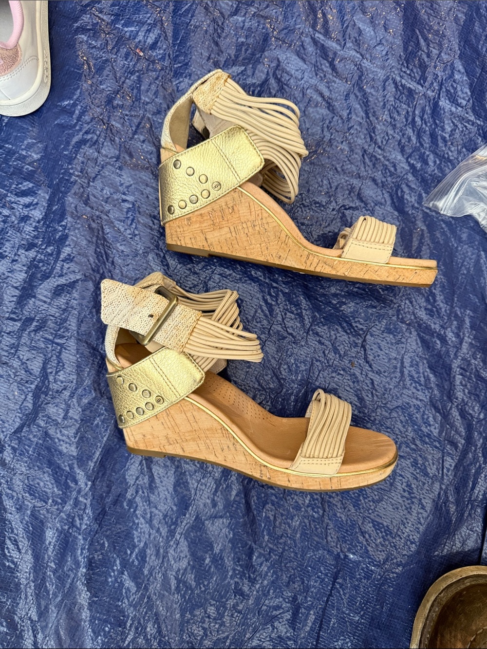UGG Beige Cork Wedge Sandals with Metallic Ankle Cuff